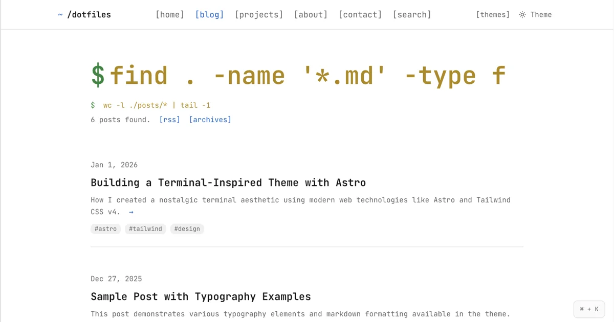 Blog listing page with terminal styling