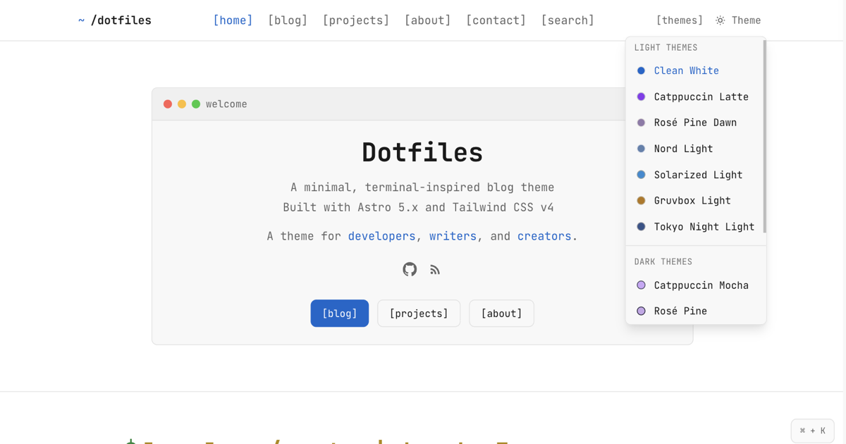Terminal-inspired hero section with color palette selection